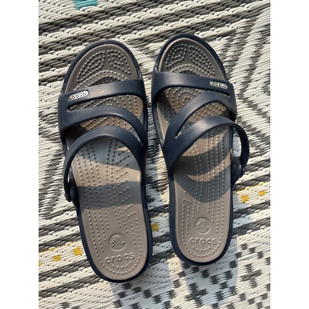 Crocs Patricia Wedge Sandals Navy Blue Grey Strappy Slip On Womens 6
